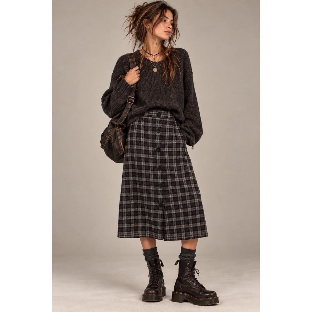 Vintage Orvis Wool Plaid Button Front Skirt Dark Academia Grunge 14